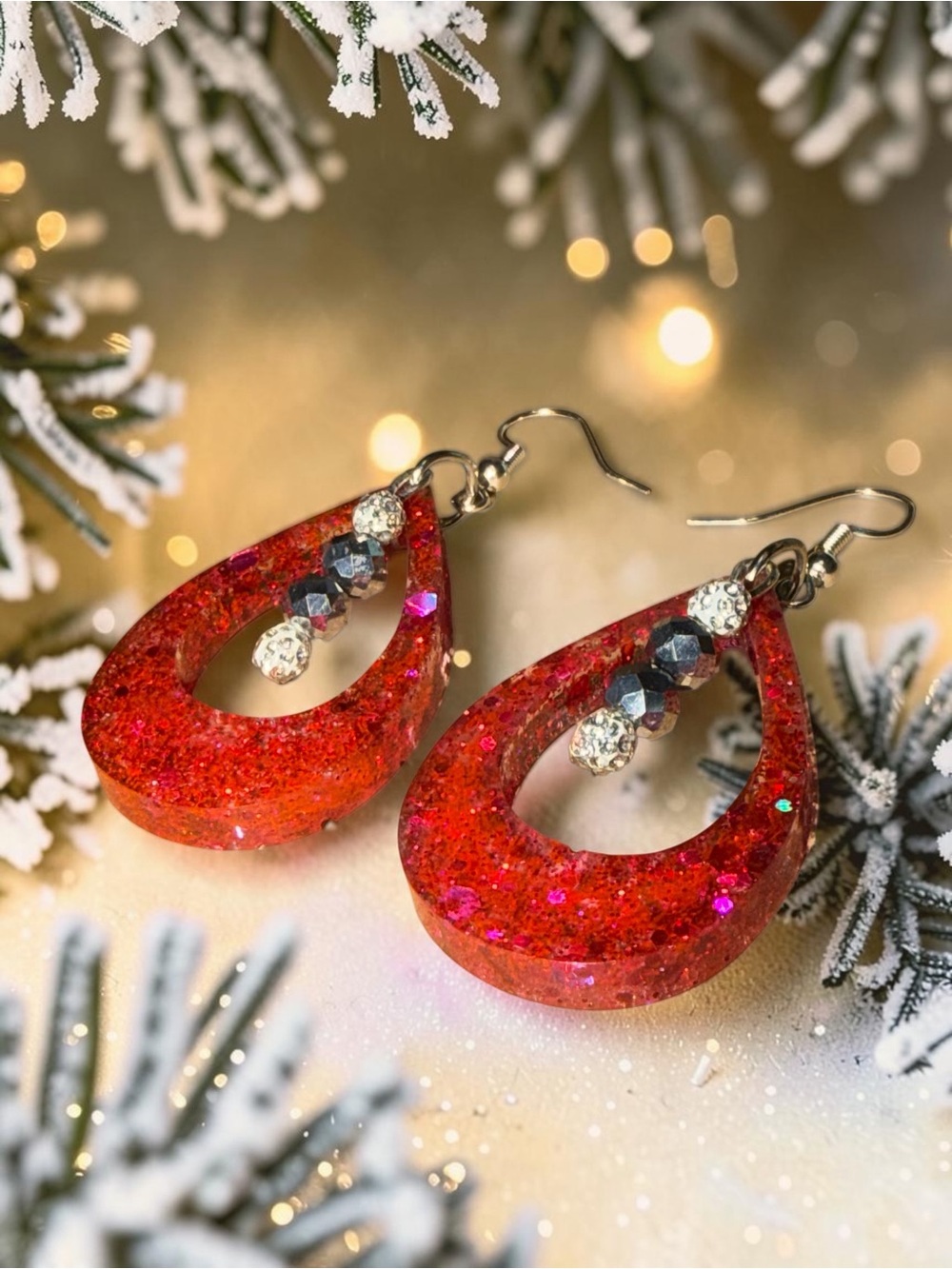 Handmade Ruby Red Glitter Resin Teardrop Earrings | Sparkling Holiday Jewelry - Picture 4 of 5